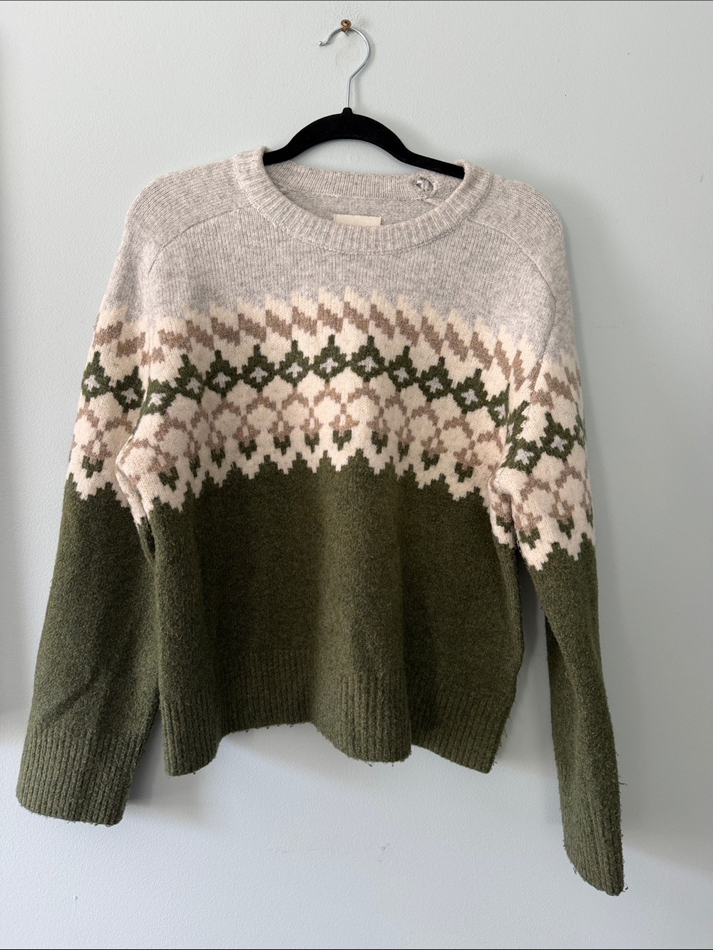 Abercrombie & Fitch Olive, Cream & Taupe Fair Isle Crewneck Sweater